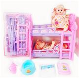 OBL10004138 - 14寸铁眼喝水撒尿娃娃带英文IC，双层塑料床，奶瓶，尿布，塑料脖围，塑料便盆和2只娃娃
