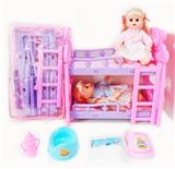 OBL10004140 - 14寸铁眼喝水撒尿娃娃带英文IC，双层塑料床，奶瓶，尿布，塑料脖围，塑料便盆和2只娃娃
