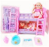 OBL10004146 - 14寸铁眼喝水撒尿娃娃带英文IC，双层塑料床，奶瓶，尿布，塑料脖围，塑料便盆和2只娃娃