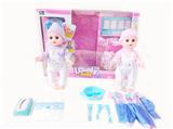 OBL10004178 - 14寸塘胶手脚吹气身铁眼喝水撒尿娃娃带英文IC，衣服，餐盘套装，奶瓶，尿布和餐纸盒