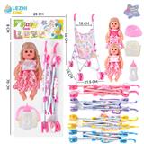 OBL10011366 - 14寸15声女娃喝水撒尿，配奶瓶，尿盆，尿片，铁制推车（衣服两款混装，推车任选两款颜色混装）