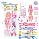 OBL10011370 - 14寸15声女娃喝水撒尿，配奶瓶，尿盆，尿片，铁制推车（衣服两款混装，推车任选两款颜色混装）