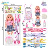OBL10011372 - 14寸15声女娃喝水撒尿，配奶瓶，尿盆，尿片，铁制推车（衣服两款混装，推车任选两款颜色混装）