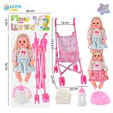 OBL10011375 - 14寸15声女娃喝水撒尿，配奶瓶，尿盆，尿片，塑料推车（衣服两款混装）