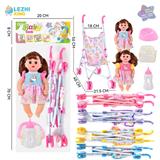 OBL10011376 - 14寸15声女娃喝水撒尿，配奶瓶，尿盆，尿片，铁制推车（衣服两款混装，推车任选两款颜色混装）