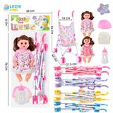 OBL10011382 - 14寸15声女娃喝水撒尿，配奶瓶，尿盆，尿片，铁制推车（衣服两款混装，推车任选两款颜色混装）