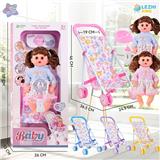 OBL10075232 - 14寸15声女娃喝水撒尿，配奶瓶，尿盆，尿片，铁制推车（衣服两款混装，推车任选两款颜色混装）