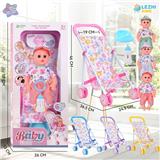 OBL10075259 - 14寸15声男娃喝水撒尿，配奶瓶，尿盆，尿片，铁制推车（衣服三款混装，推车任选两款颜色混装）