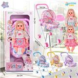 OBL10075298 - 14寸15声女娃喝水撒尿，配奶瓶，尿盆，尿片，铁制推车（衣服两款混装，推车任选两款颜色混装）