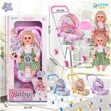 OBL10075303 - 14寸15声女娃喝水撒尿，配奶瓶，尿盆，尿片，铁制推车（衣服两款混装，推车任选两款颜色混装）