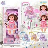 OBL10075314 - 14寸15声女娃喝水撒尿，配奶瓶，尿盆，尿片，铁制推车（衣服两款混装，推车任选两款颜色混装）