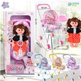 OBL10075319 - 14寸15声女娃喝水撒尿，配奶瓶，尿盆，尿片，铁制推车（推车任选两款颜色混装）