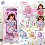 OBL10075325 - 14寸15声女娃喝水撒尿，配奶瓶，尿盆，尿片，铁制推车（衣服两款混装，推车任选两款颜色混装）