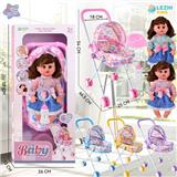 OBL10075326 - 14寸15声女娃喝水撒尿，配奶瓶，尿盆，尿片，铁制推车（衣服两款混装，推车任选两款颜色混装）