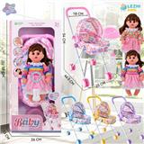 OBL10075327 - 14寸15声女娃喝水撒尿，配奶瓶，尿盆，尿片，铁制推车（衣服两款混装，推车任选两款颜色混装）