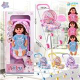 OBL10075330 - 14寸15声女娃喝水撒尿，配奶瓶，尿盆，尿片，铁制推车（衣服三款混装，推车任选两款颜色混装）