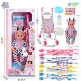 OBL10110206 - 14寸16声斑点牛男娃喝水撒尿，配奶瓶，尿盆，尿片，铁制推车（5色推车任选两款颜色混装）