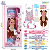 OBL10110209 - 14寸16声棕熊男娃喝水撒尿，配奶瓶，尿盆，尿片，铁制推车（5色推车任选两款颜色混装）