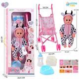 OBL10110214 - 14寸16声斑点牛男娃喝水撒尿，配奶瓶，尿盆，尿片，塑料推车