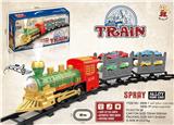 OBL10365925 - 电动轨道火车 有喷雾
(古典火车头+2节双层拖板：
随机配4只合金跑车 ）
 有灯光，有声音，不包电
用4粒5号电池