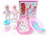 OBL988932 -  14寸铁眼喝水撒尿娃娃带英文IC，便盆，尿布，围脖，奶瓶，餐椅和4合一摇篮 （6件套）