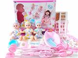 OBL988971 - 14寸铁眼喝水撒尿娃娃带英文IC，睡床，餐椅，4合一摇篮，塑料推车，便盆，尿布，奶瓶，围脖 （8件套）