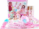 OBL988975 - 14寸铁眼喝水撒尿娃娃带英文IC，睡床，餐椅，4合一摇篮，塑料推车，便盆，尿布，奶瓶，围脖 （8件套）