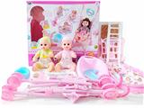 OBL988976 - 14寸铁眼喝水撒尿娃娃带英文IC，睡床，餐椅，4合一摇篮，塑料推车，便盆，尿布，奶瓶，围脖 （8件套）
